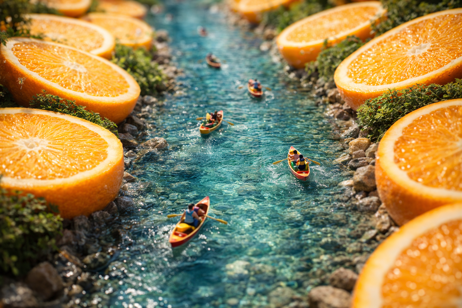 Giant oranges as the riverbank