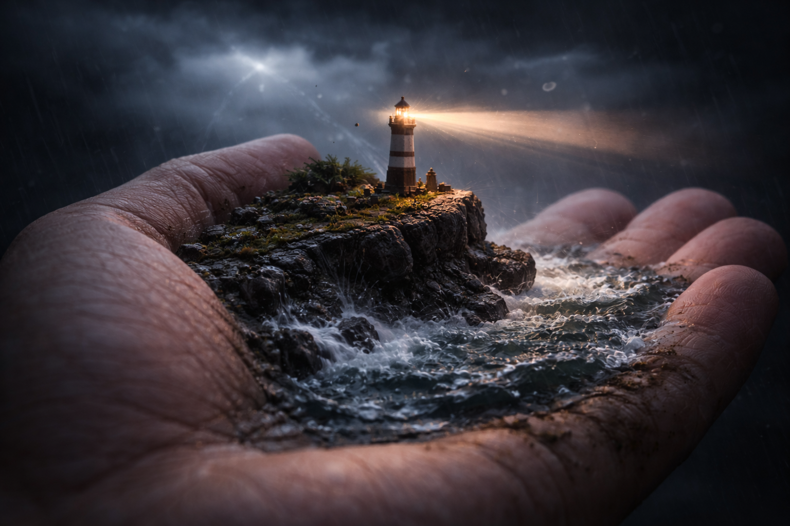 miniature rocky cliff at the edge of a stormy ocean